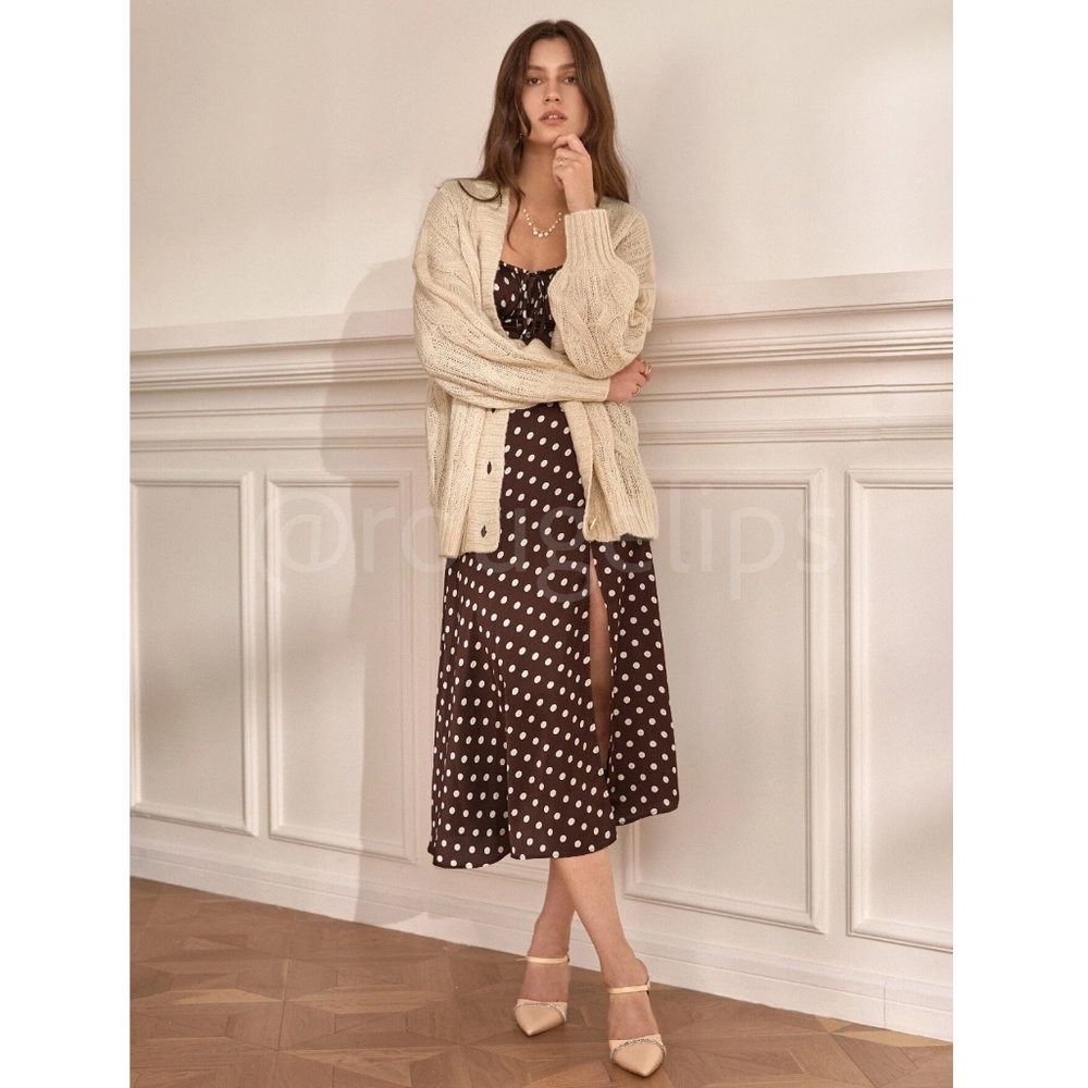 NWT - French Style Polka Dot Brown Midi Dress Leg Slit - Picture 11 of 16